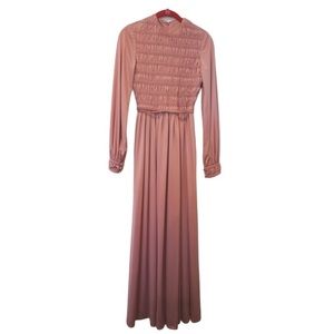 Vintage 70s designer Donald Brooks blush pink long sleeve gown smocked - 6